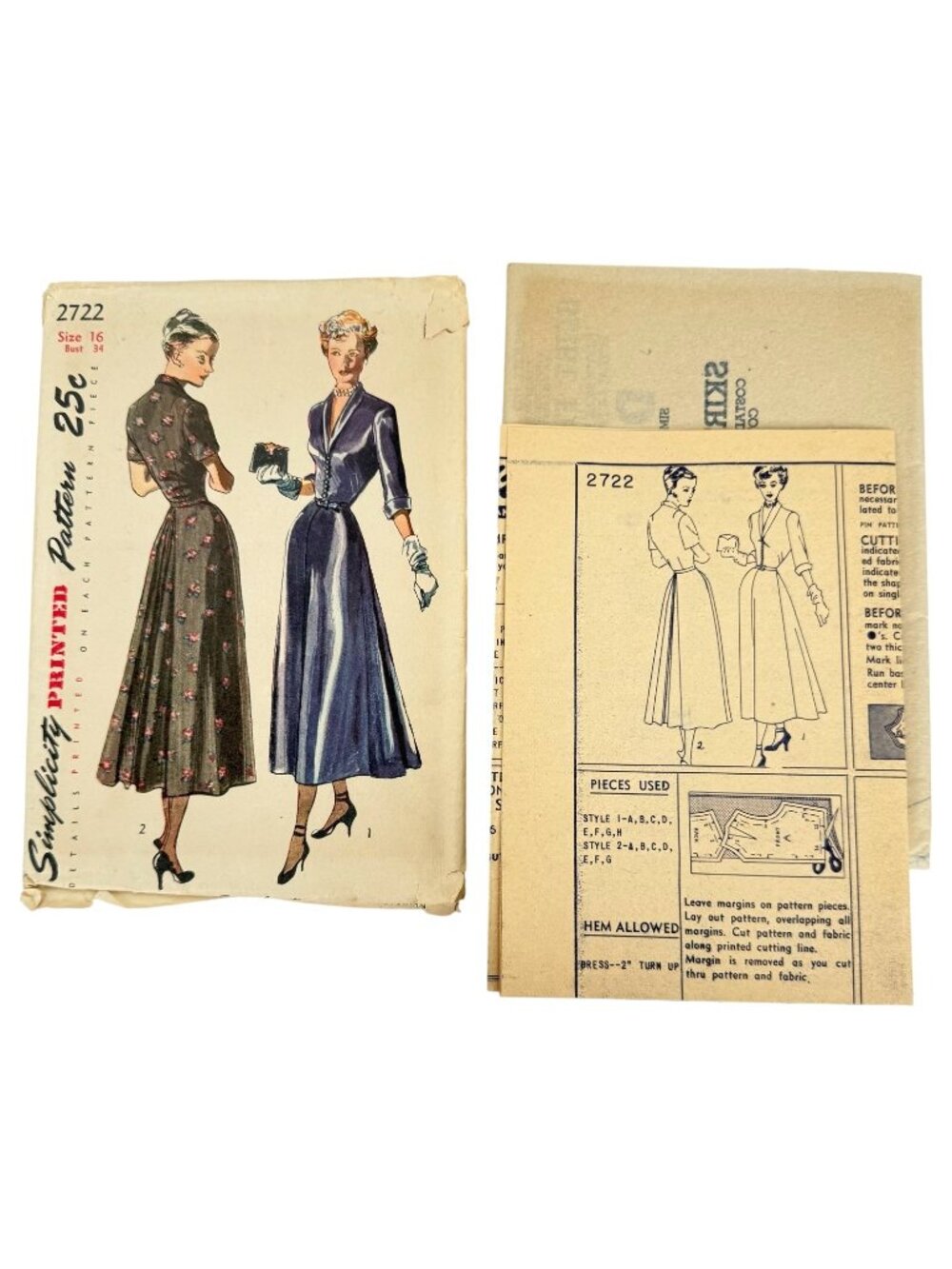 1949 Vintage Simplicity 2722 Sewing Pattern Misses Dress Size 16 Bust 34 Uncut - Picture 2 of 7